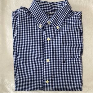 Men’s Nautica Navy Blue and White Plaid Dress Shirt - Wrinkle Resistant